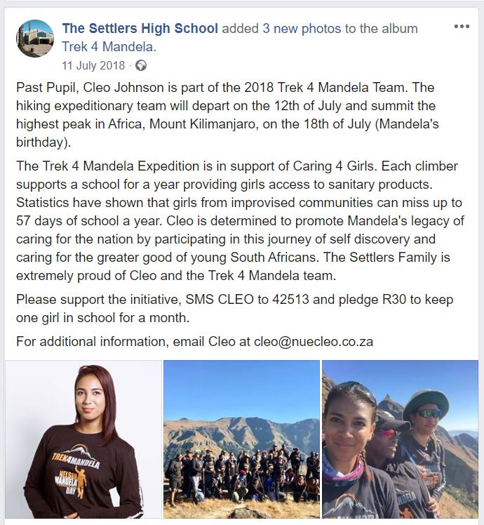 Facebook Post Cleo Trek 4 Mandela